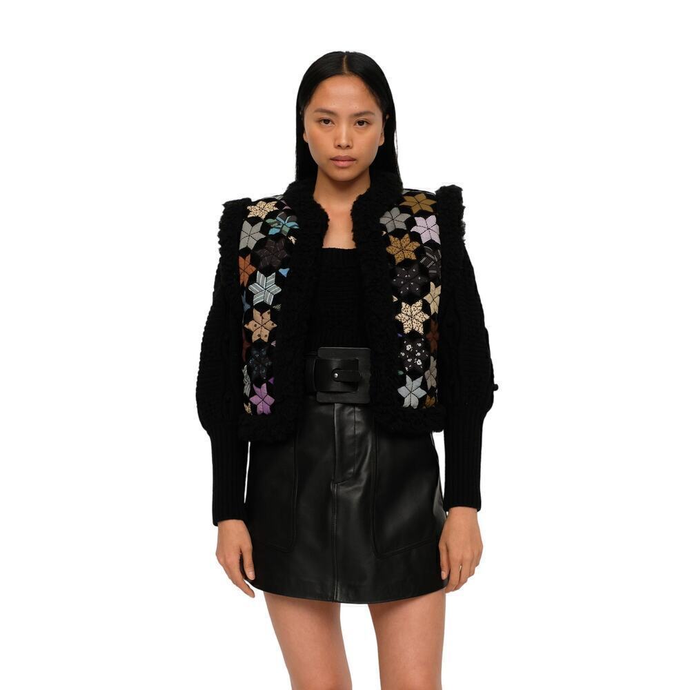 Sea New York Estrella Star Print Quilted Fleece Trim Cropped Vest Black Size L